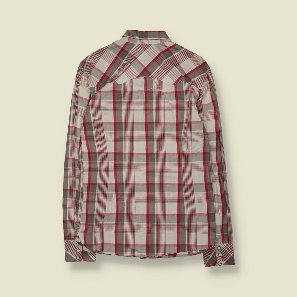 2000s | Levi's | Cream & Red Plaid Long-Sleeve Western Shirt - S