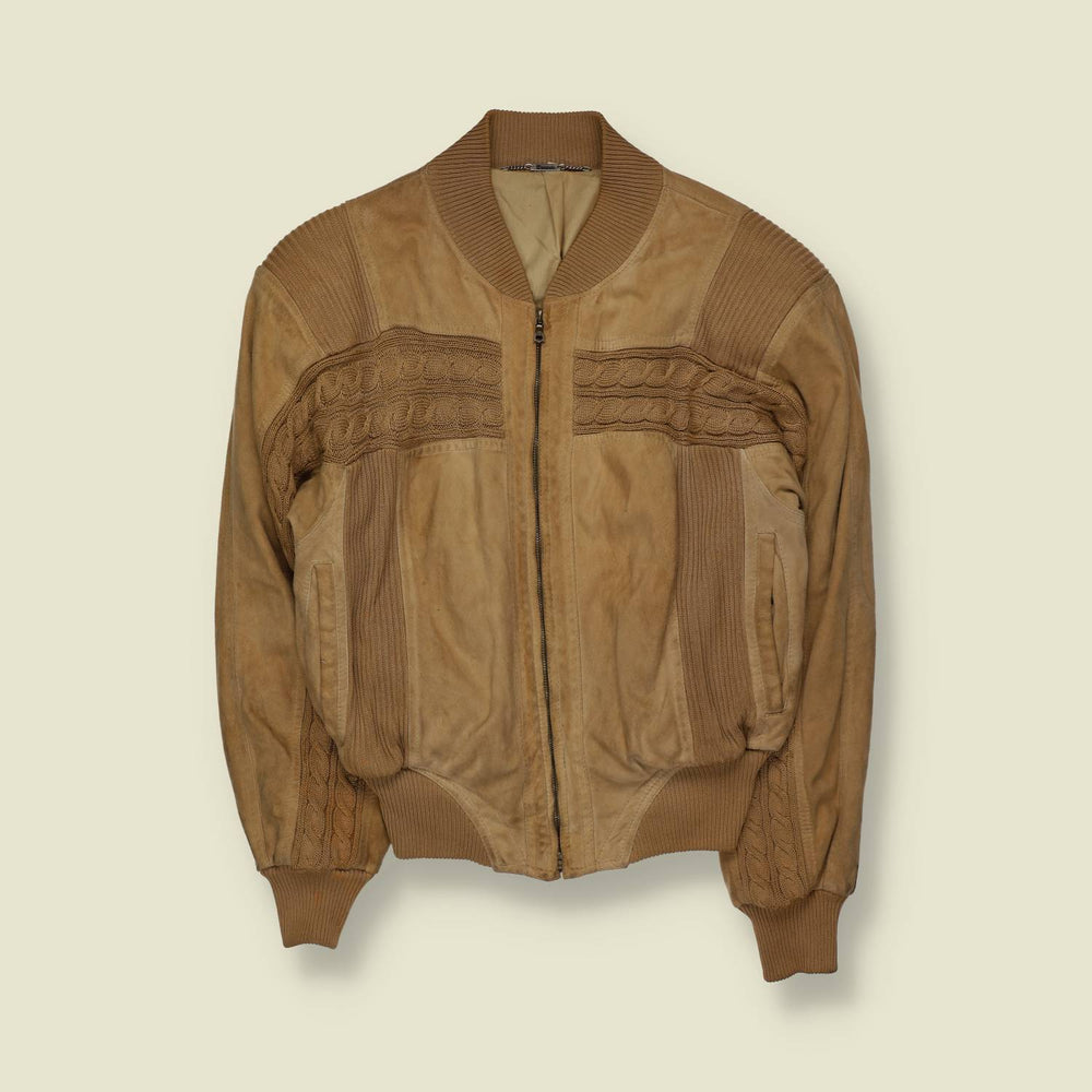 1980s | Brecos | Tan Suede & Cable Knit Bomber Jacket - XS