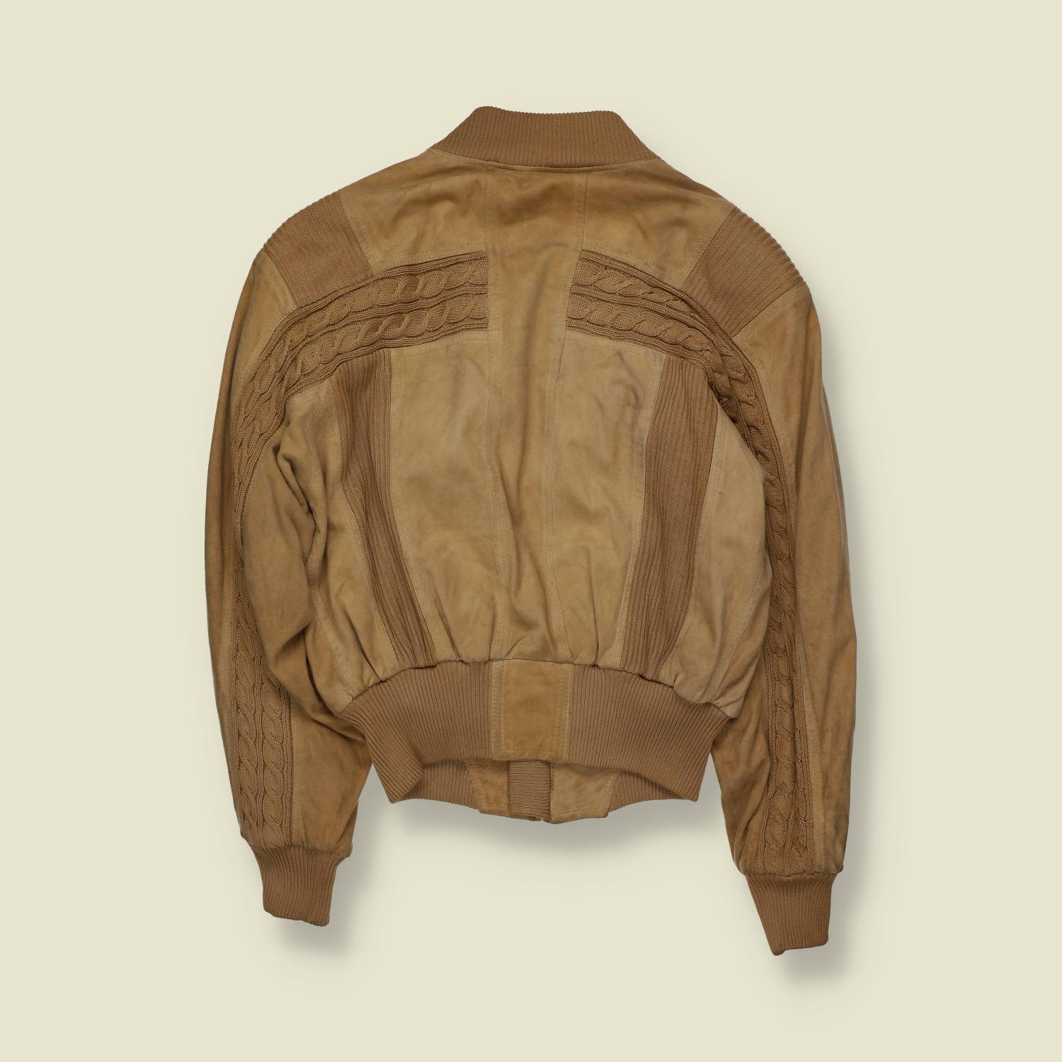 1980s | Brecos | Tan Suede & Cable Knit Bomber Jacket - XS