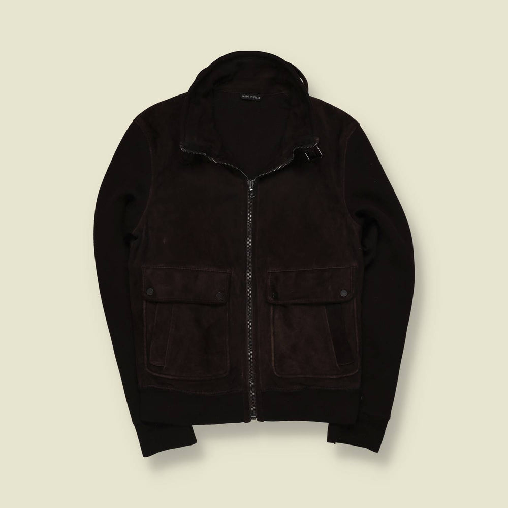 1990s | Dark Brown Suede & Knit Funnel-Neck Jacket - Made in Italy - XS