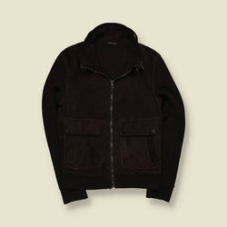 1990s | Dark Brown Suede & Knit Funnel-Neck Jacket - Made in Italy - XS