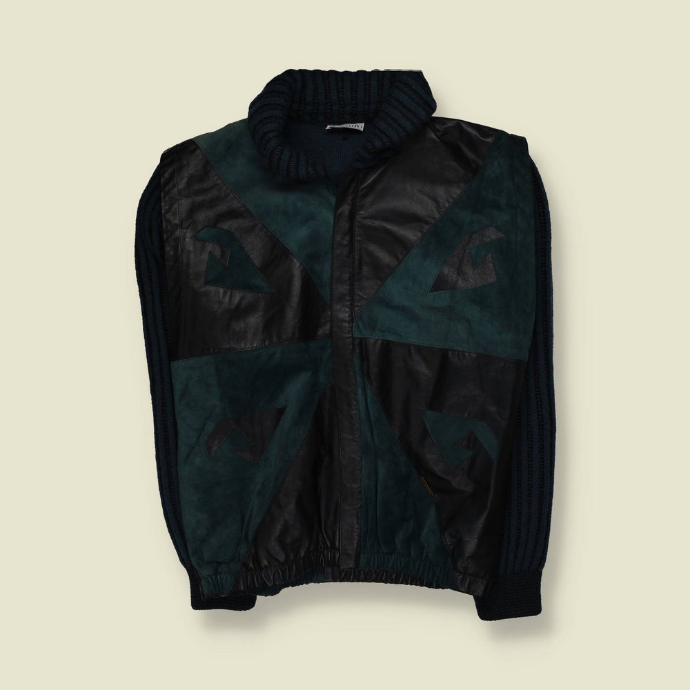 1980s | Bizzarro | Black & Teal Leather Patchwork Knit Jacket - Made in Italy - L