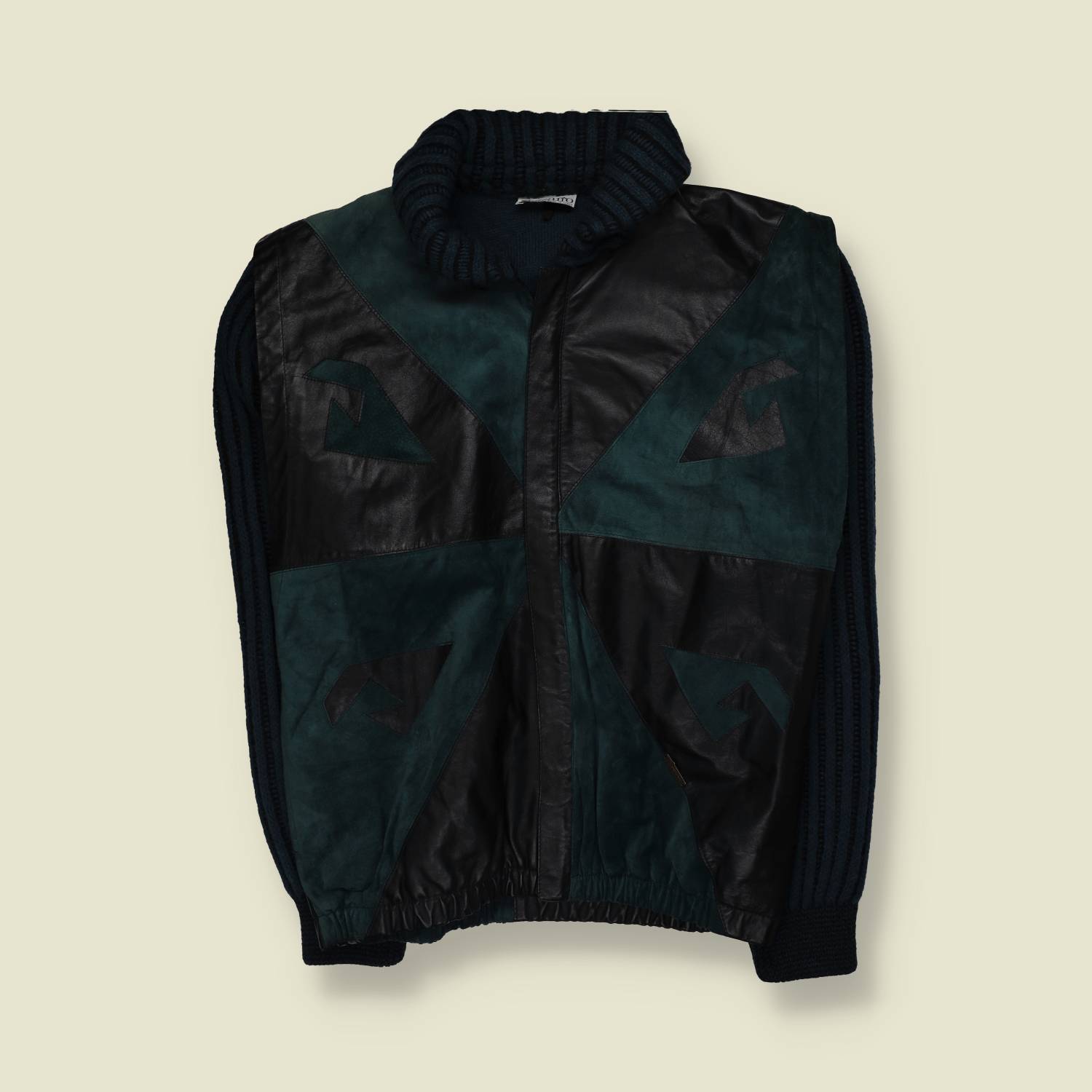 1980s | Bizzarro | Black & Teal Leather Patchwork Knit Jacket - Made in Italy - L
