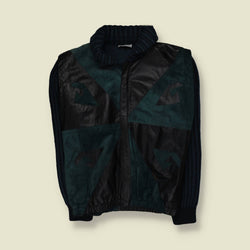 1980s | Bizzarro | Black & Teal Leather Patchwork Knit Jacket - Made in Italy - L