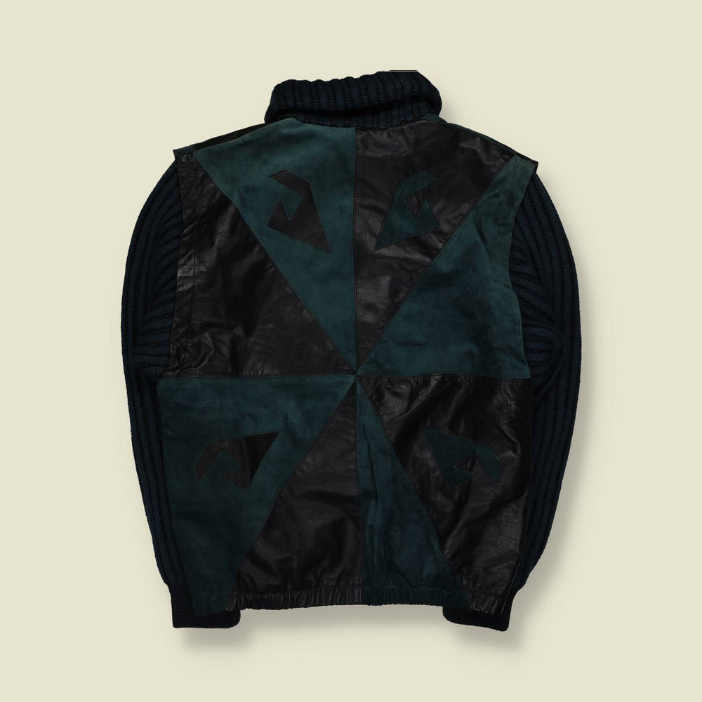 1980s | Bizzarro | Black & Teal Leather Patchwork Knit Jacket - Made in Italy - L