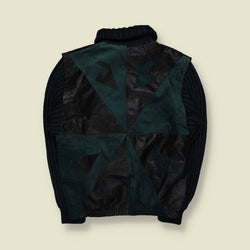 1980s | Bizzarro | Black & Teal Leather Patchwork Knit Jacket - Made in Italy - L