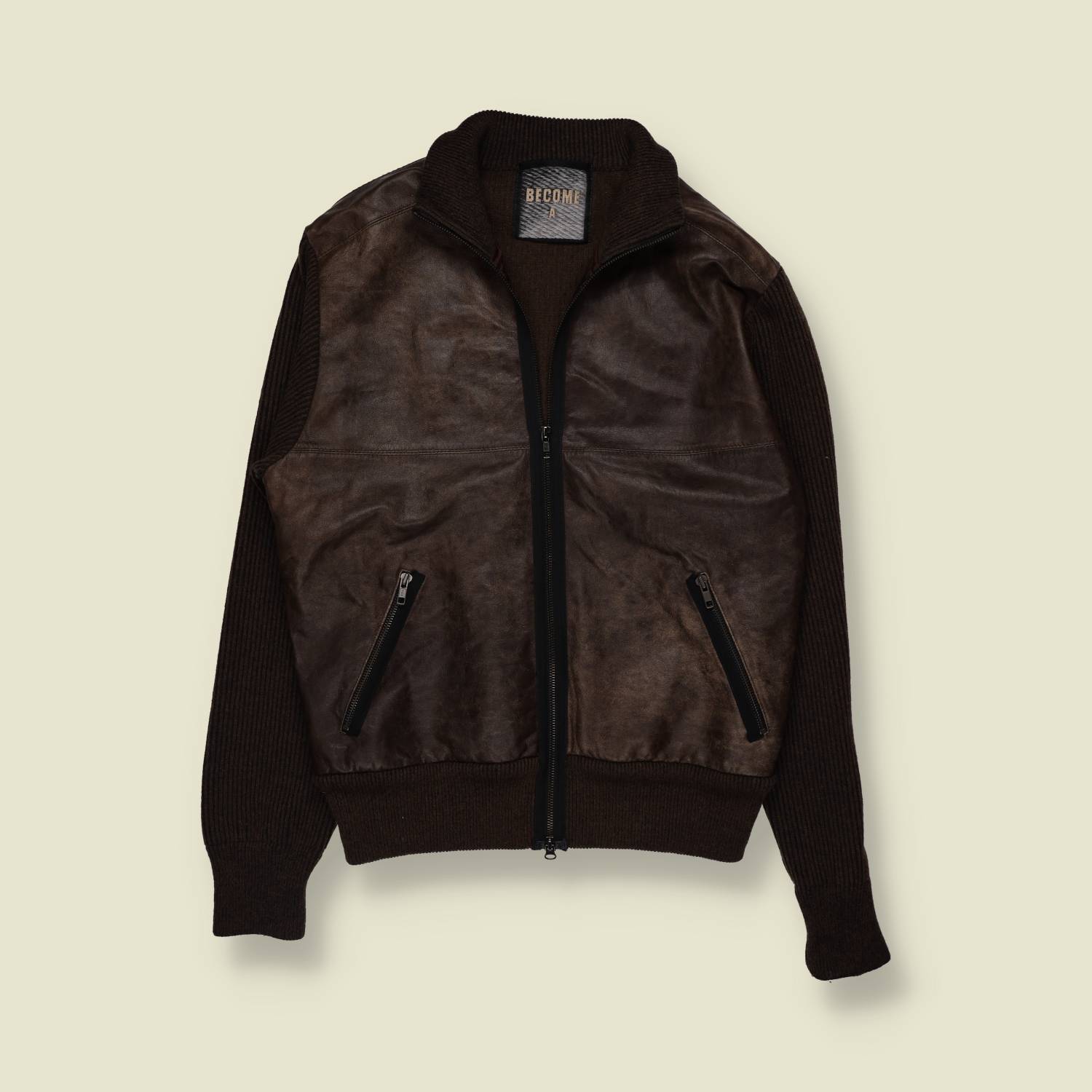 1990s | Become A | Dark Brown Leather & Knit Bomber Jacket - M