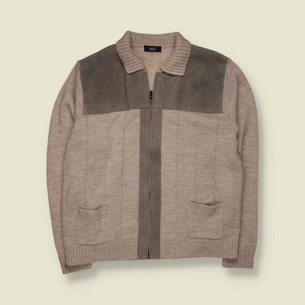 1990s | Marks & Spencer | Oatmeal Knit & Suede Yoke Zip Jacket - XL