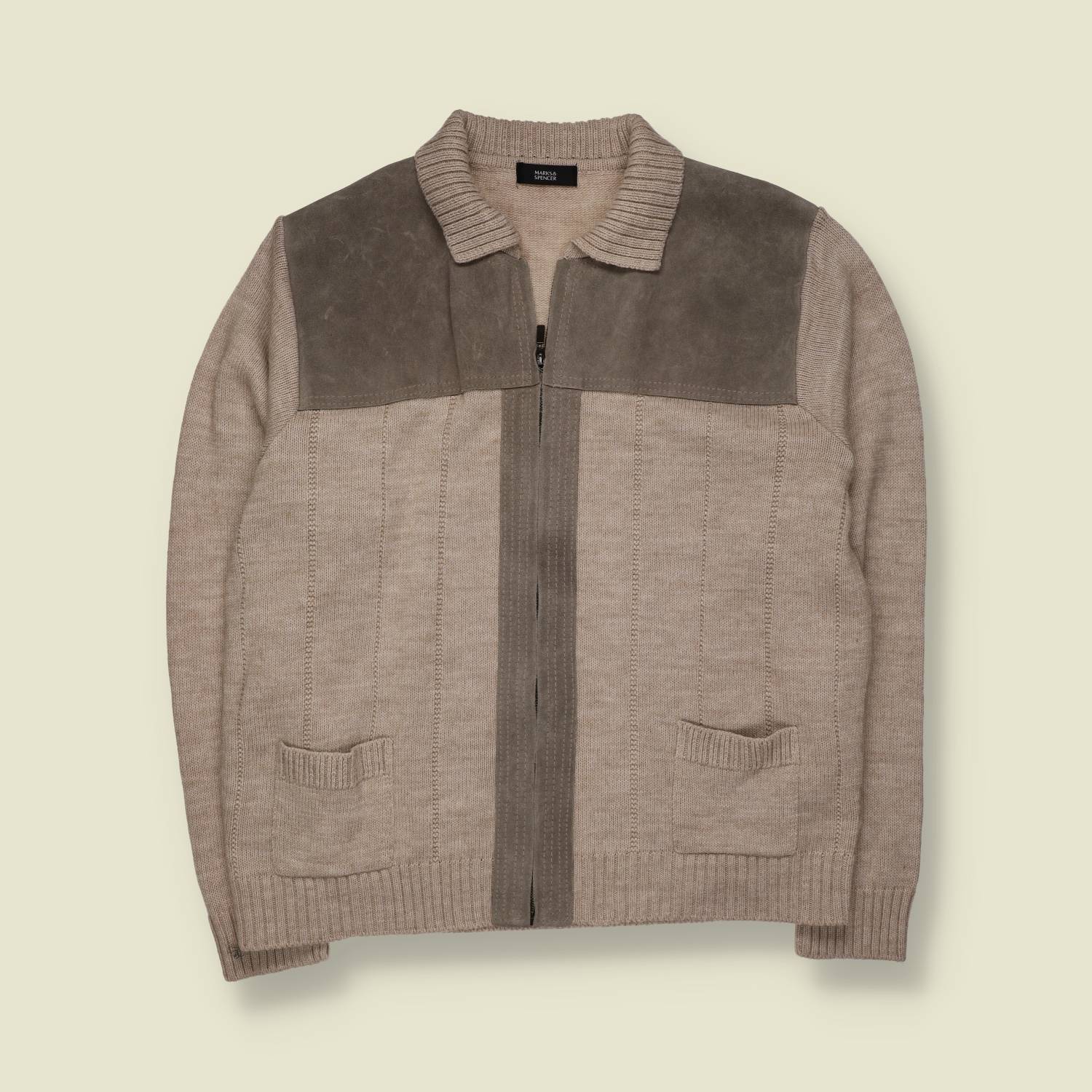 1990s | Marks & Spencer | Oatmeal Knit & Suede Yoke Zip Jacket - XL