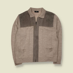 1990s | Marks & Spencer | Oatmeal Knit & Suede Yoke Zip Jacket - XL
