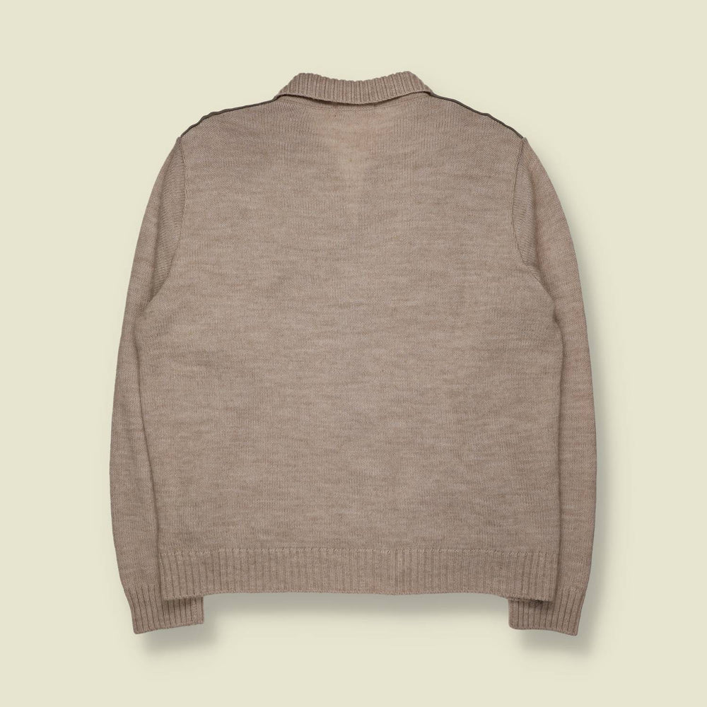 1990s | Marks & Spencer | Oatmeal Knit & Suede Yoke Zip Jacket - XL