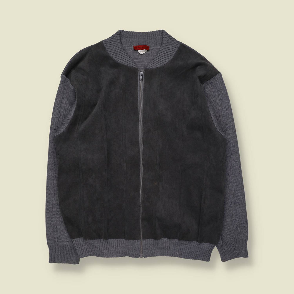 1990s | Tarbaron | Charcoal Chamois & Knit Zip Jacket - Made in Italy - XL