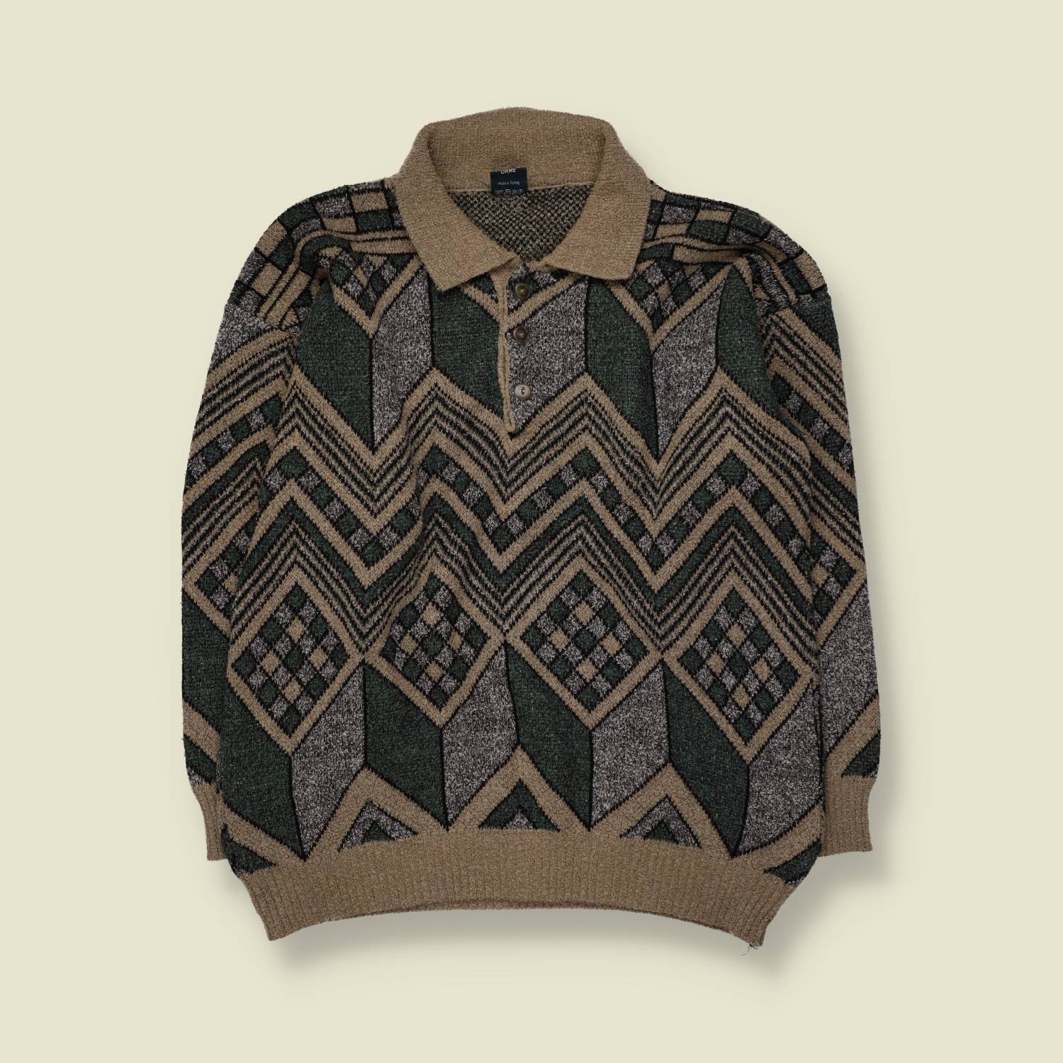 1980s | Geometric Patterned Jumper | Green/Beige - XL