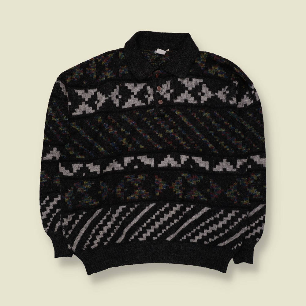1980s | Polo Collar Patterned Jumper | Black/Grey - XL