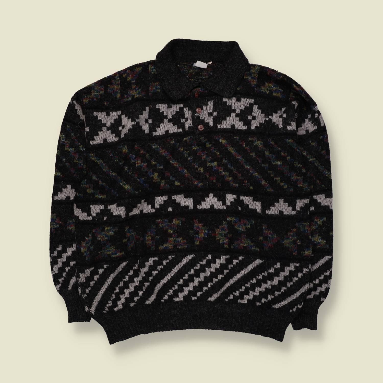 1980s | Polo Collar Patterned Jumper | Black/Grey - XL