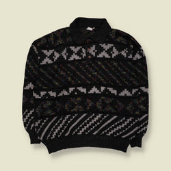 1980s | Polo Collar Patterned Jumper | Black/Grey - XL