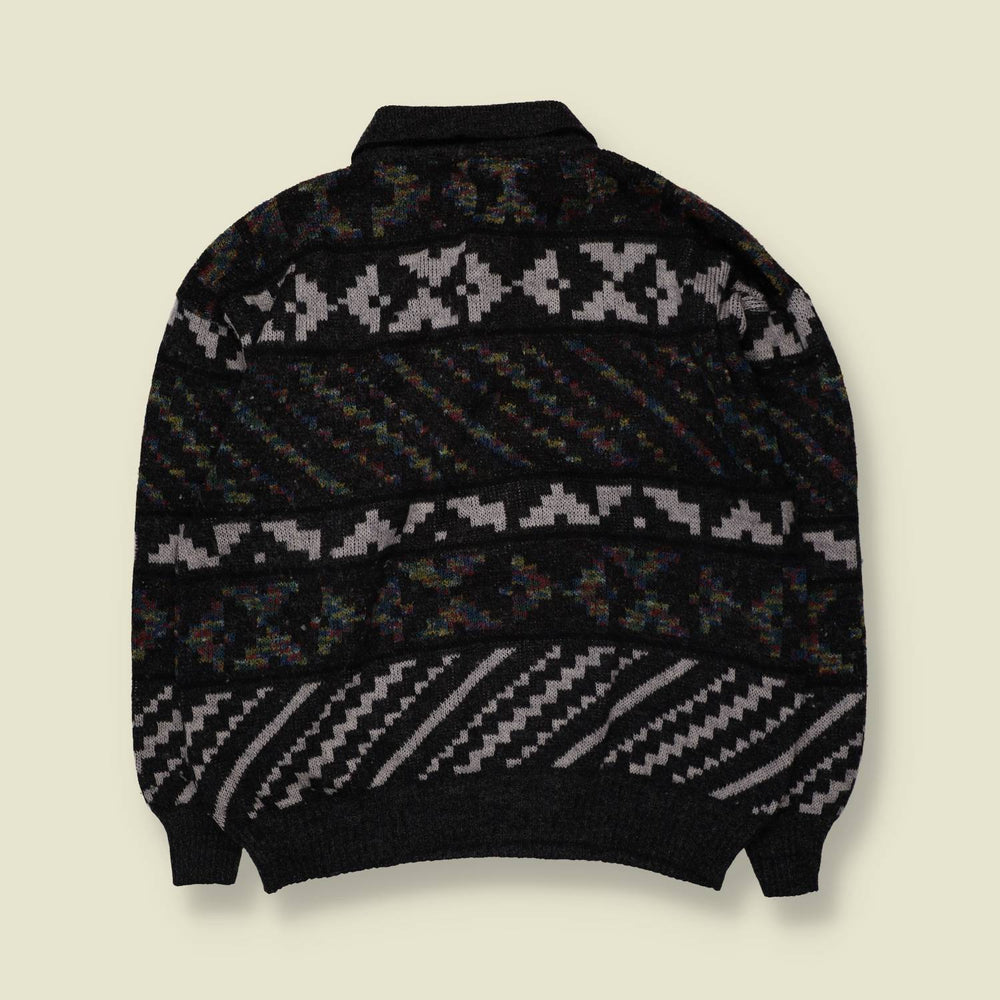 1980s | Polo Collar Patterned Jumper | Black/Grey - XL