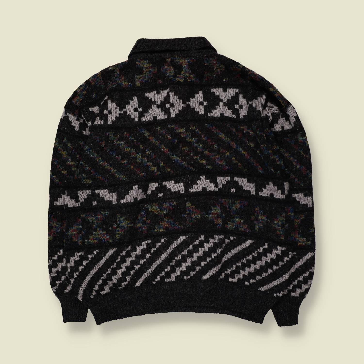 1980s | Polo Collar Patterned Jumper | Black/Grey - XL