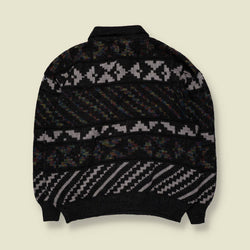 1980s | Polo Collar Patterned Jumper | Black/Grey - XL