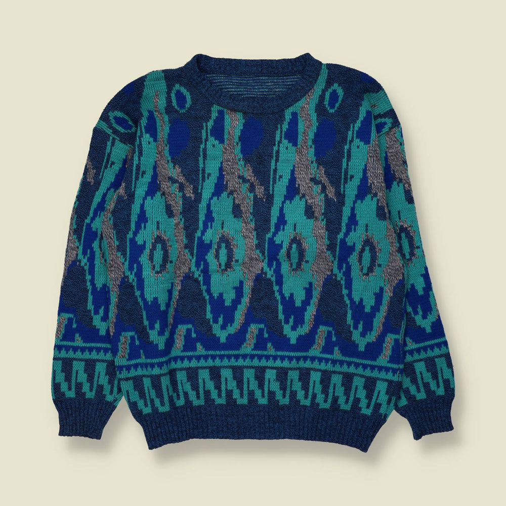 1980s | Abstract Pattern Jumper | Teal/Blue - S