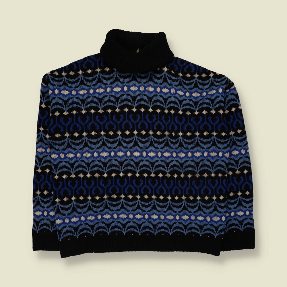 1980s | Fair Isle Roll Neck Jumper | Blue/Black - M