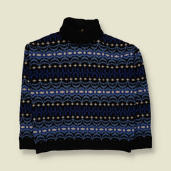 1980s | Fair Isle Roll Neck Jumper | Blue/Black - M