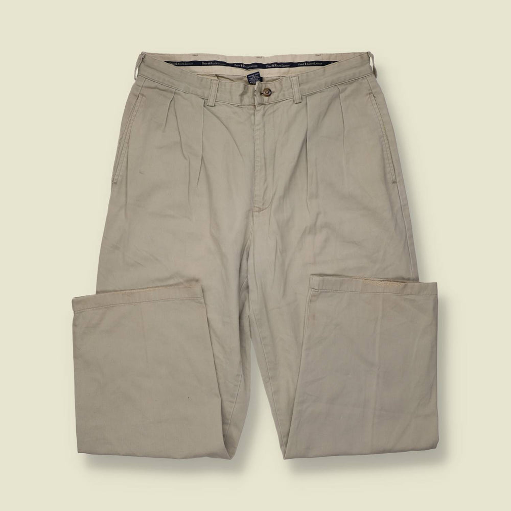 1990s | Polo Ralph Lauren | Pleated Cotton Trousers | Stone - w34