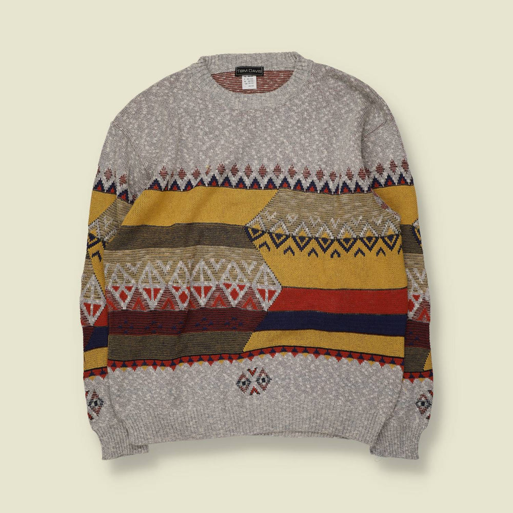 1980s | Tom Davis | Aztec Pattern Jumper | Grey/Mustard - L