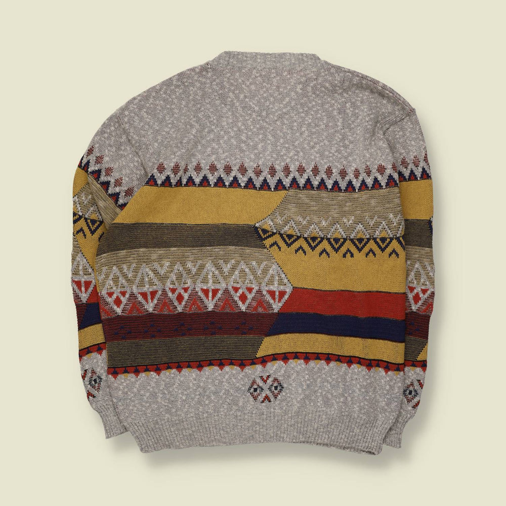 1980s | Tom Davis | Aztec Pattern Jumper | Grey/Mustard - L