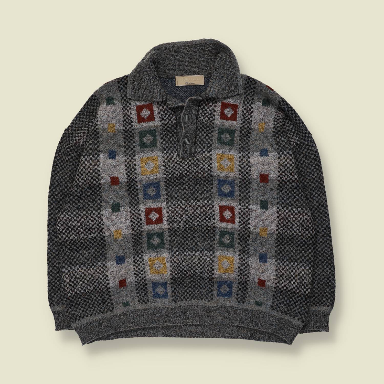 1980s | Ortomat Knitwear | Patterned Polo Jumper | Grey Multi - 4XL