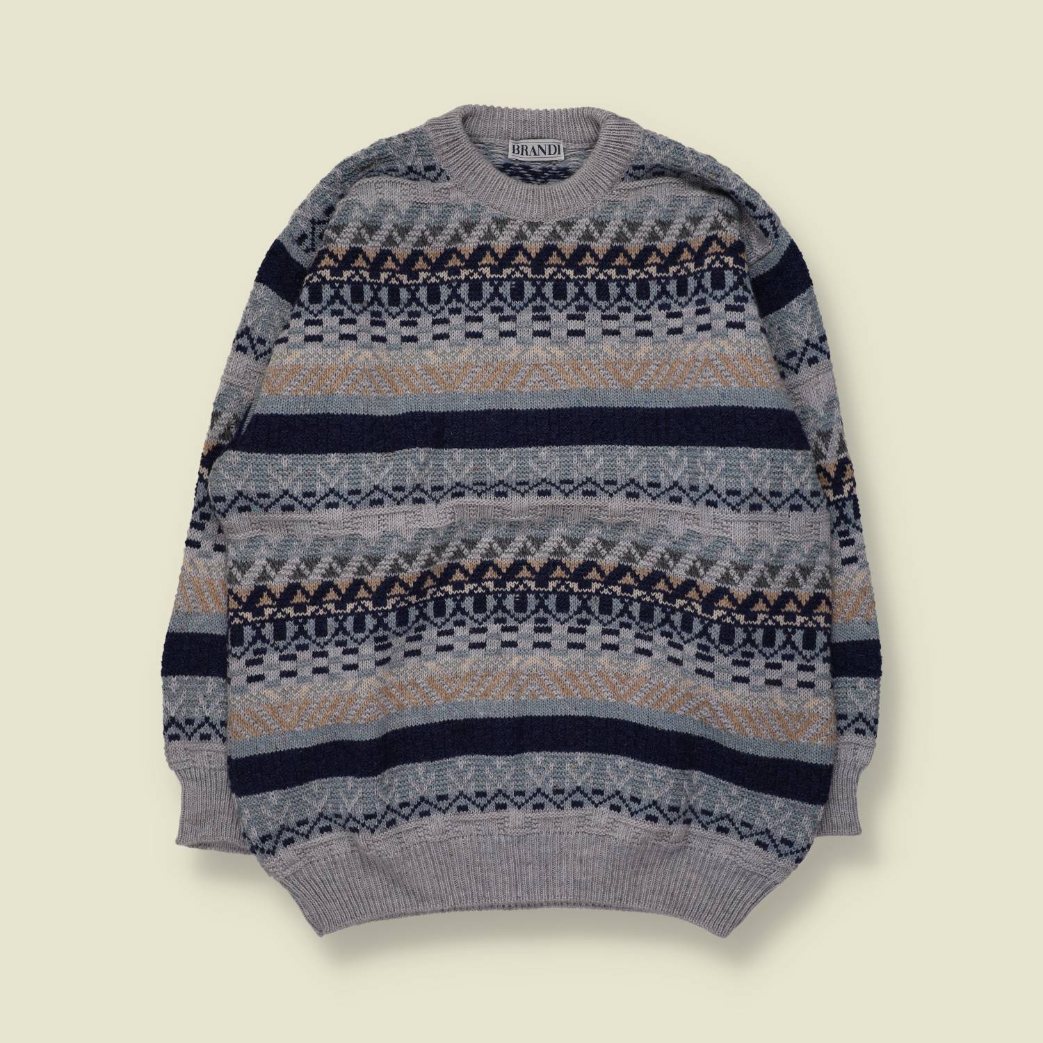 1980s | Brandi | Fair Isle Jumper | Grey/Navy - XL