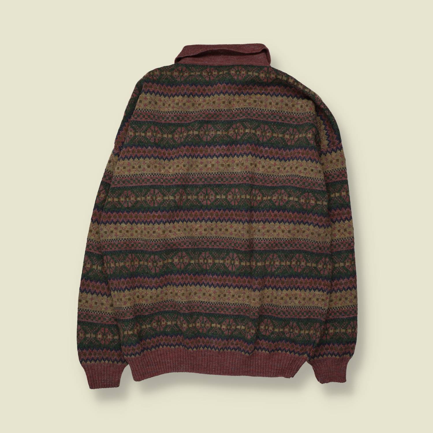 1980s | Fair Isle Polo Jumper | Green/Burgundy - 4XL