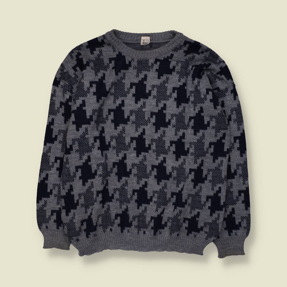 1980s | Houndstooth Jumper | Grey/Navy - L