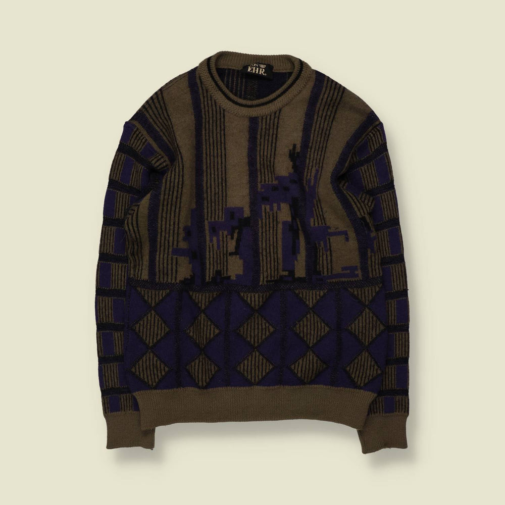 1980s | Von Ehr | Abstract Diamond Jumper | Khaki/Navy - XS