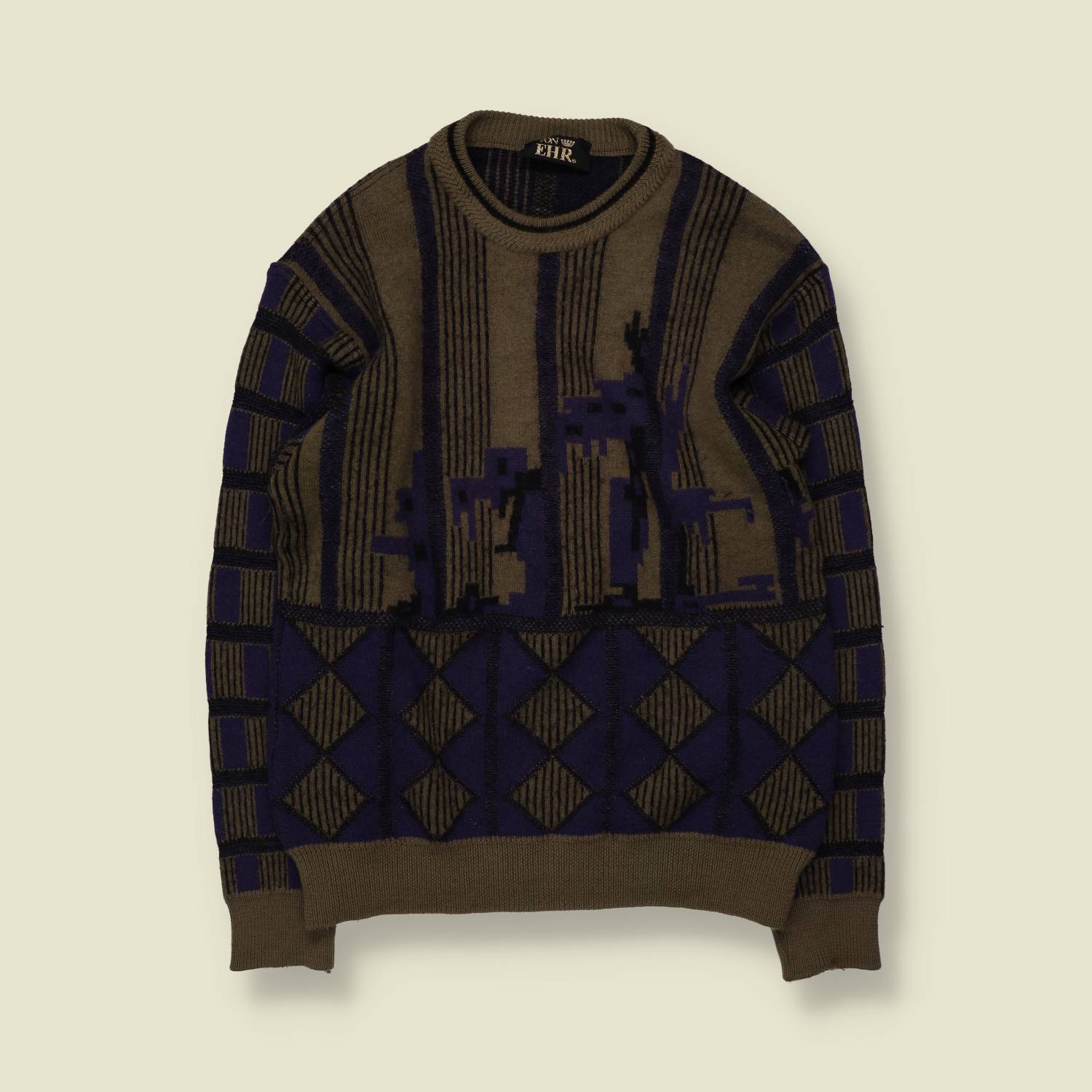 1980s | Von Ehr | Abstract Diamond Jumper | Khaki/Navy - XS