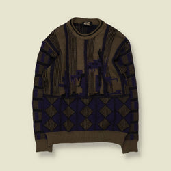 1980s | Von Ehr | Abstract Diamond Jumper | Khaki/Navy - XS