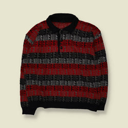 1980s | Textured Pattern Polo Jumper | Red/Black - XL