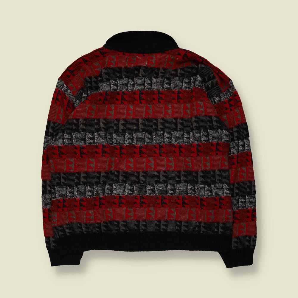 1980s | Textured Pattern Polo Jumper | Red/Black - XL