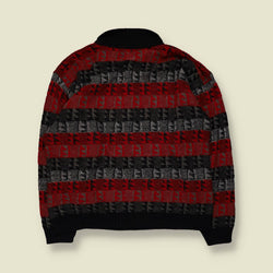 1980s | Textured Pattern Polo Jumper | Red/Black - XL