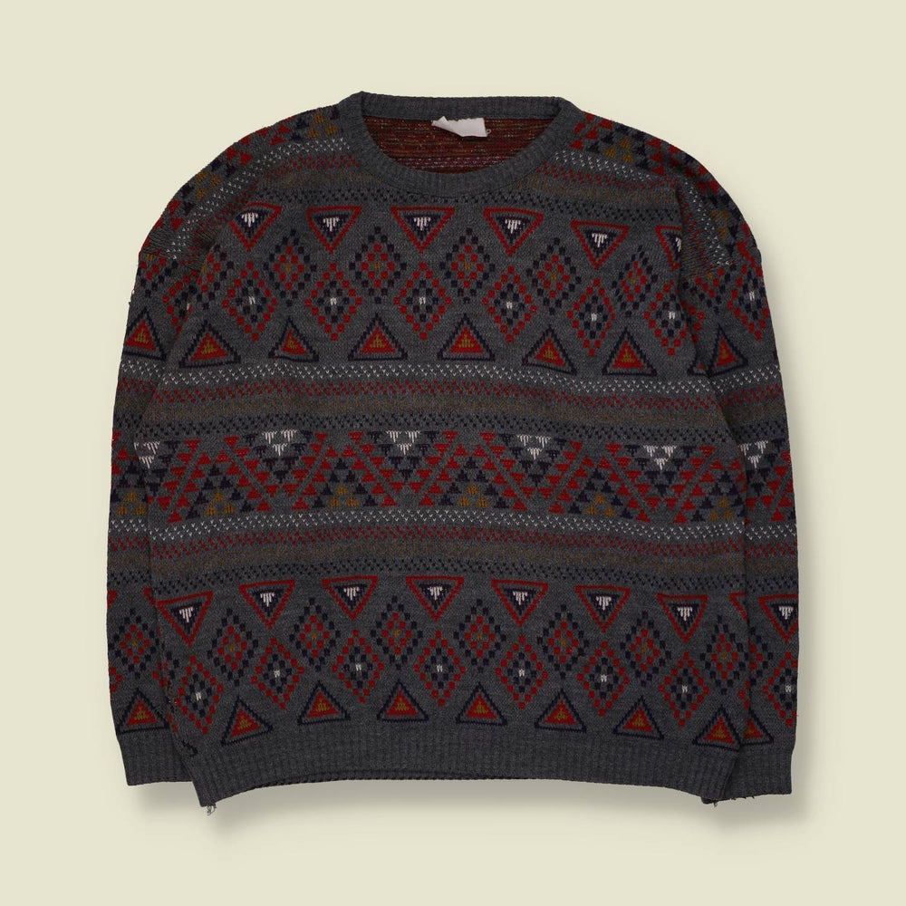 1980s | Aztec Pattern Jumper | Grey/Red - XXL