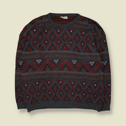 1980s | Aztec Pattern Jumper | Grey/Red - XXL