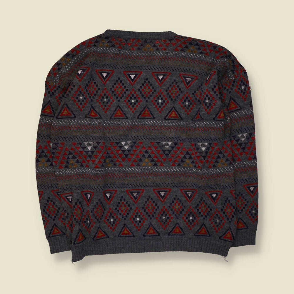 1980s | Aztec Pattern Jumper | Grey/Red - XXL
