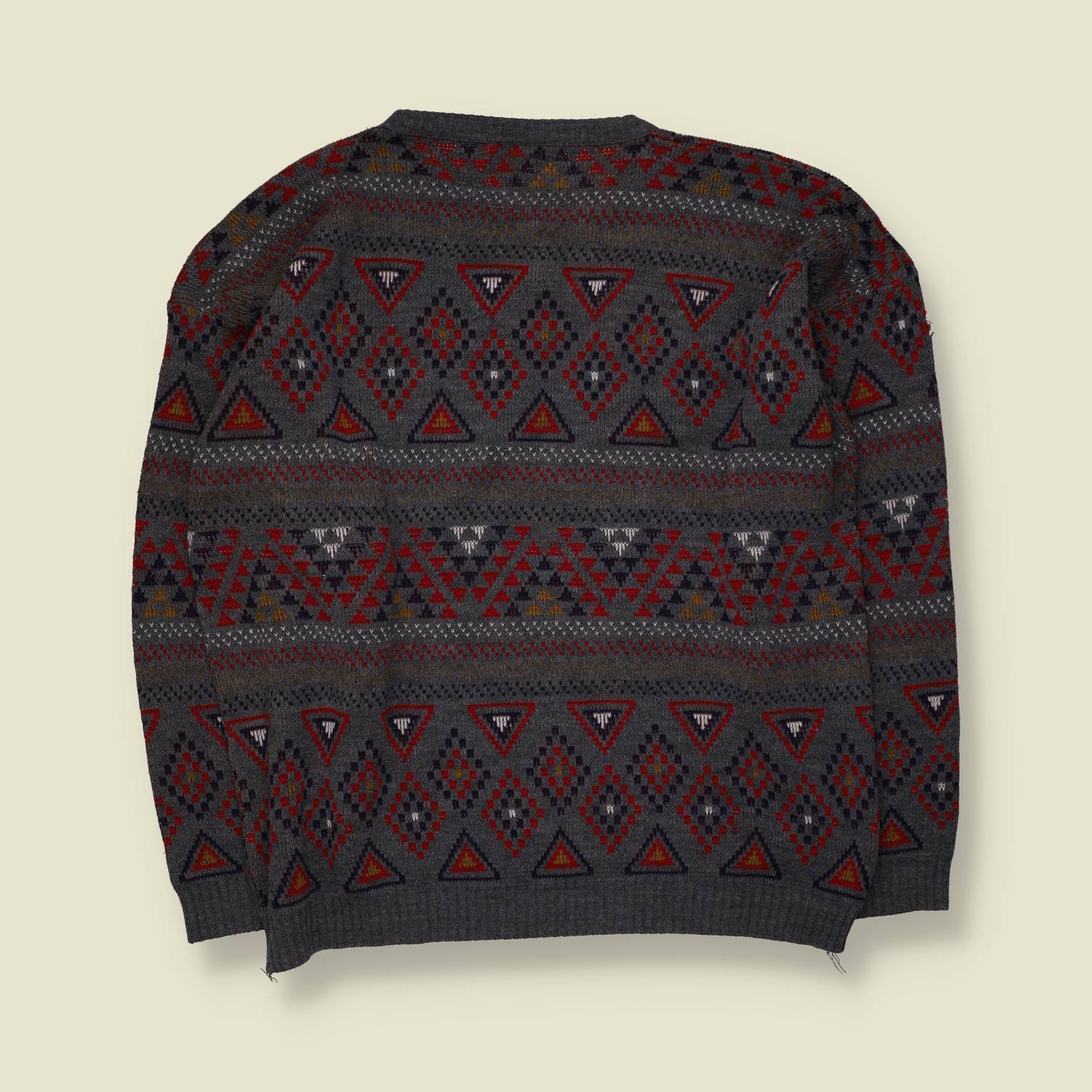 1980s | Aztec Pattern Jumper | Grey/Red - XXL