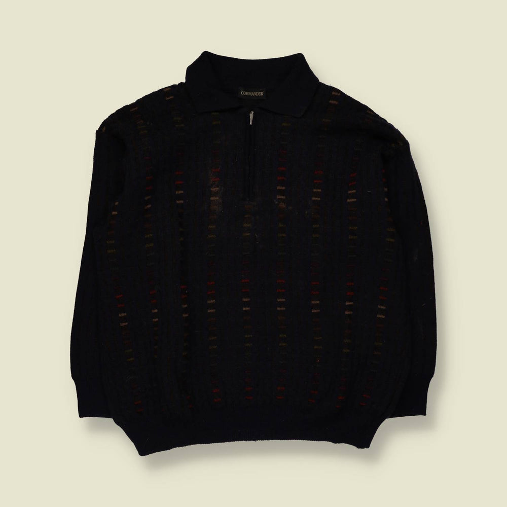 1980s | Commander | Wool Blend Quarter Zip Knit Polo | Navy - XXL