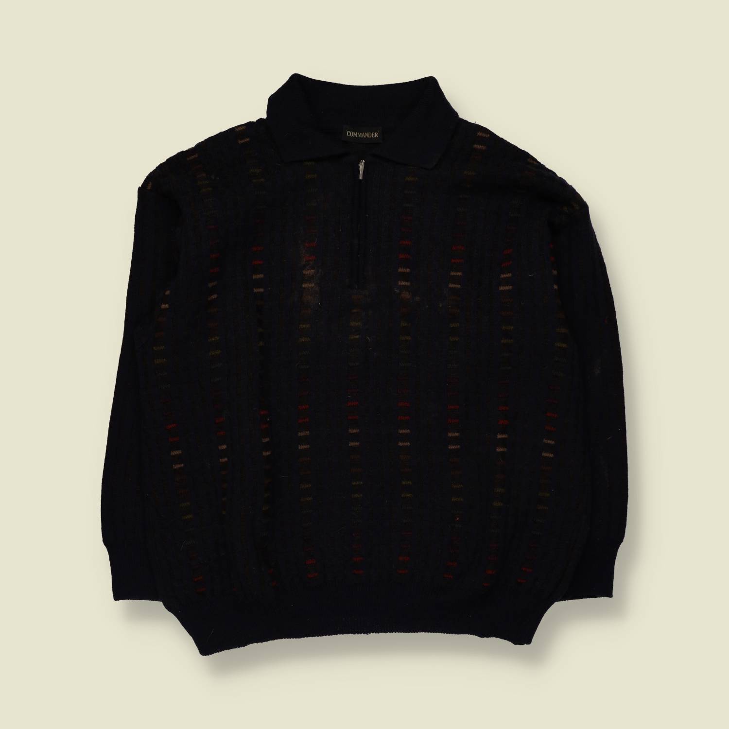 1980s | Commander | Wool Blend Quarter Zip Knit Polo | Navy - XXL