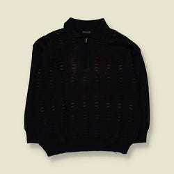1980s | Commander | Wool Blend Quarter Zip Knit Polo | Navy - XXL