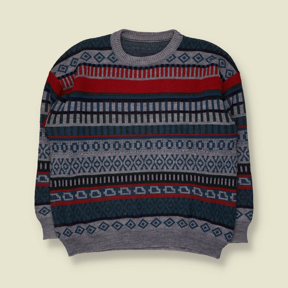 1980s | Unbranded | Wool Blend Aztec Pattern Knit Jumper | Grey Multi - XXL