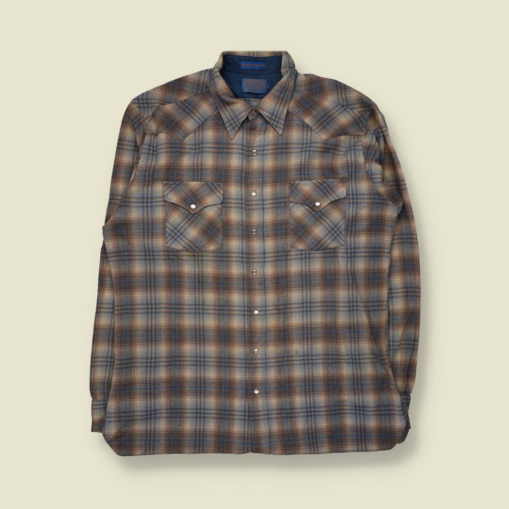 1970s | Pendleton | Western Check Wool Shirt | Blue/Brown - XXL