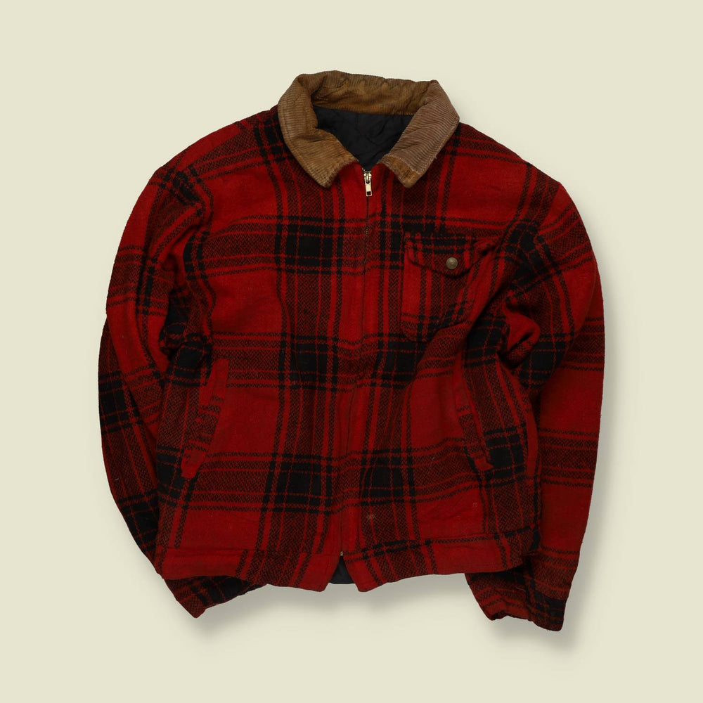 1950s | Cord Collar Plaid Zip Jacket | Red & Black - M