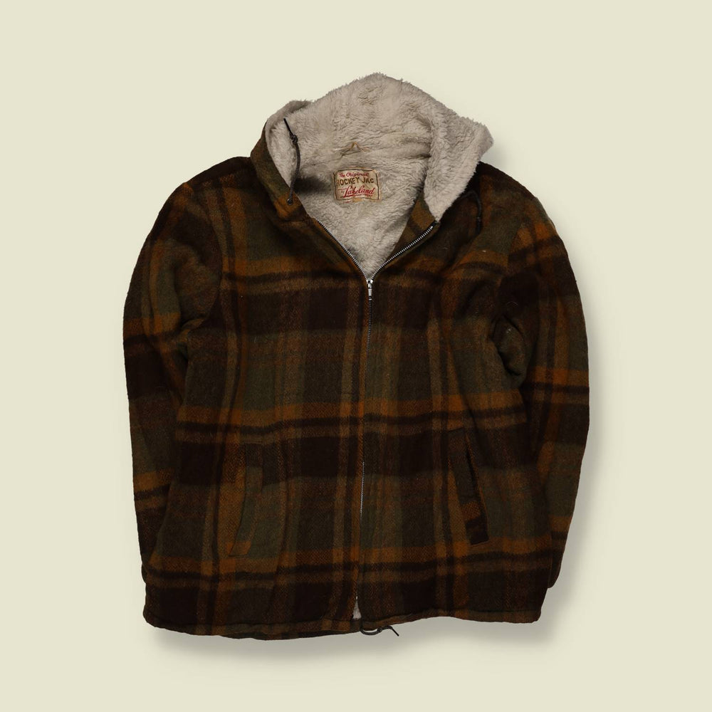 1960s | Lakeland | Teddy Lined Hooded Plaid Coat | Brown & Green - M